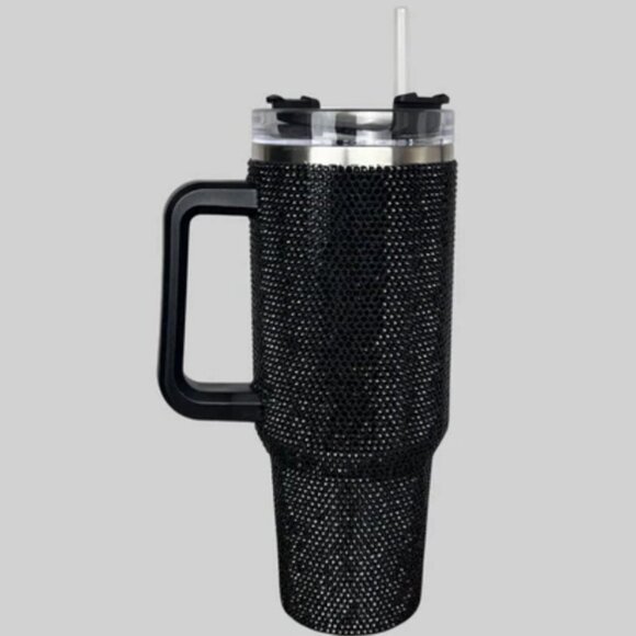 BLACK RHINESTONE 40oz TUMBLER WITH HANDLE- BLING CUP - Picture 3 of 9